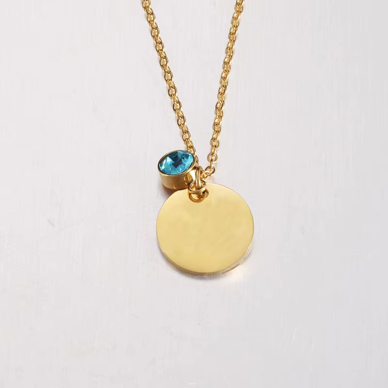 Runde Plättchen-Halskette mit Geburtsstein – personalisierbar, Edelstahl vergoldet