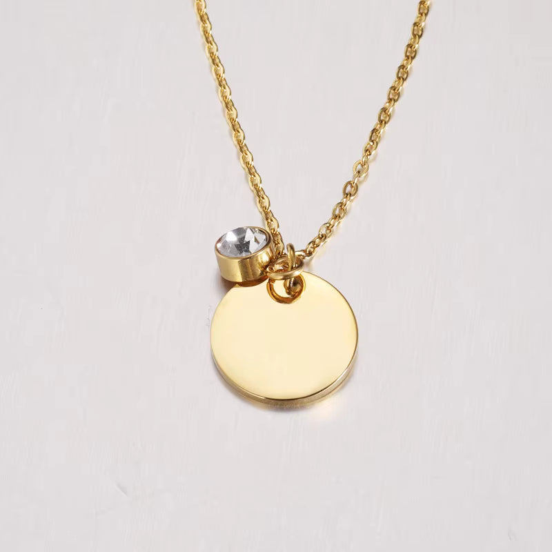 Runde Plättchen-Halskette mit Geburtsstein – personalisierbar, Edelstahl vergoldet