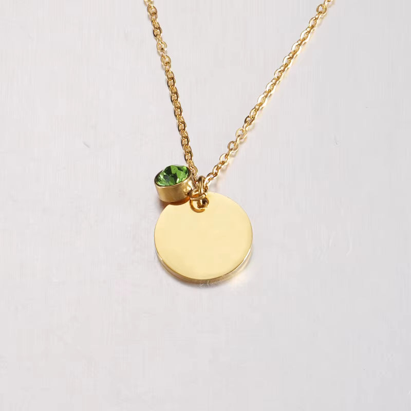 Runde Plättchen-Halskette mit Geburtsstein – personalisierbar, Edelstahl vergoldet