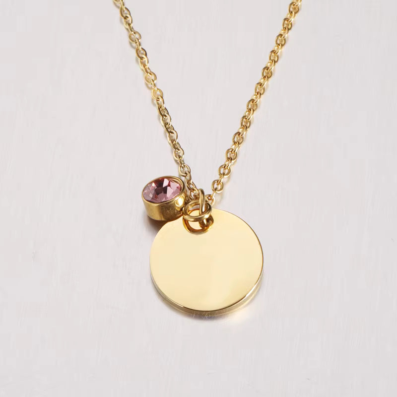 Runde Plättchen-Halskette mit Geburtsstein – personalisierbar, Edelstahl vergoldet