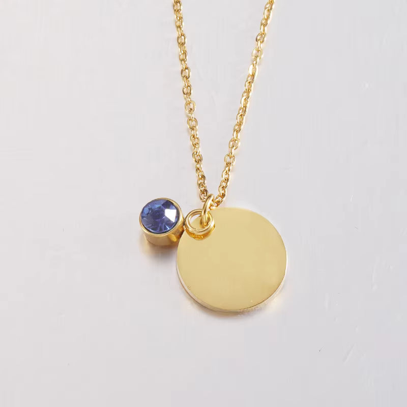 Runde Plättchen-Halskette mit Geburtsstein – personalisierbar, Edelstahl vergoldet