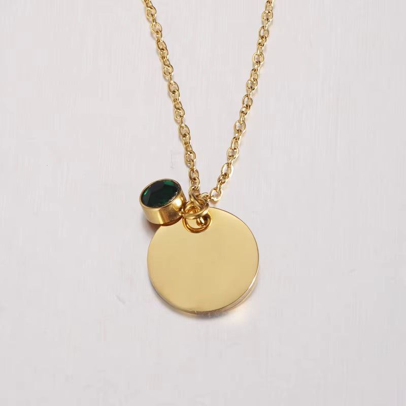Runde Plättchen-Halskette mit Geburtsstein – personalisierbar, Edelstahl vergoldet